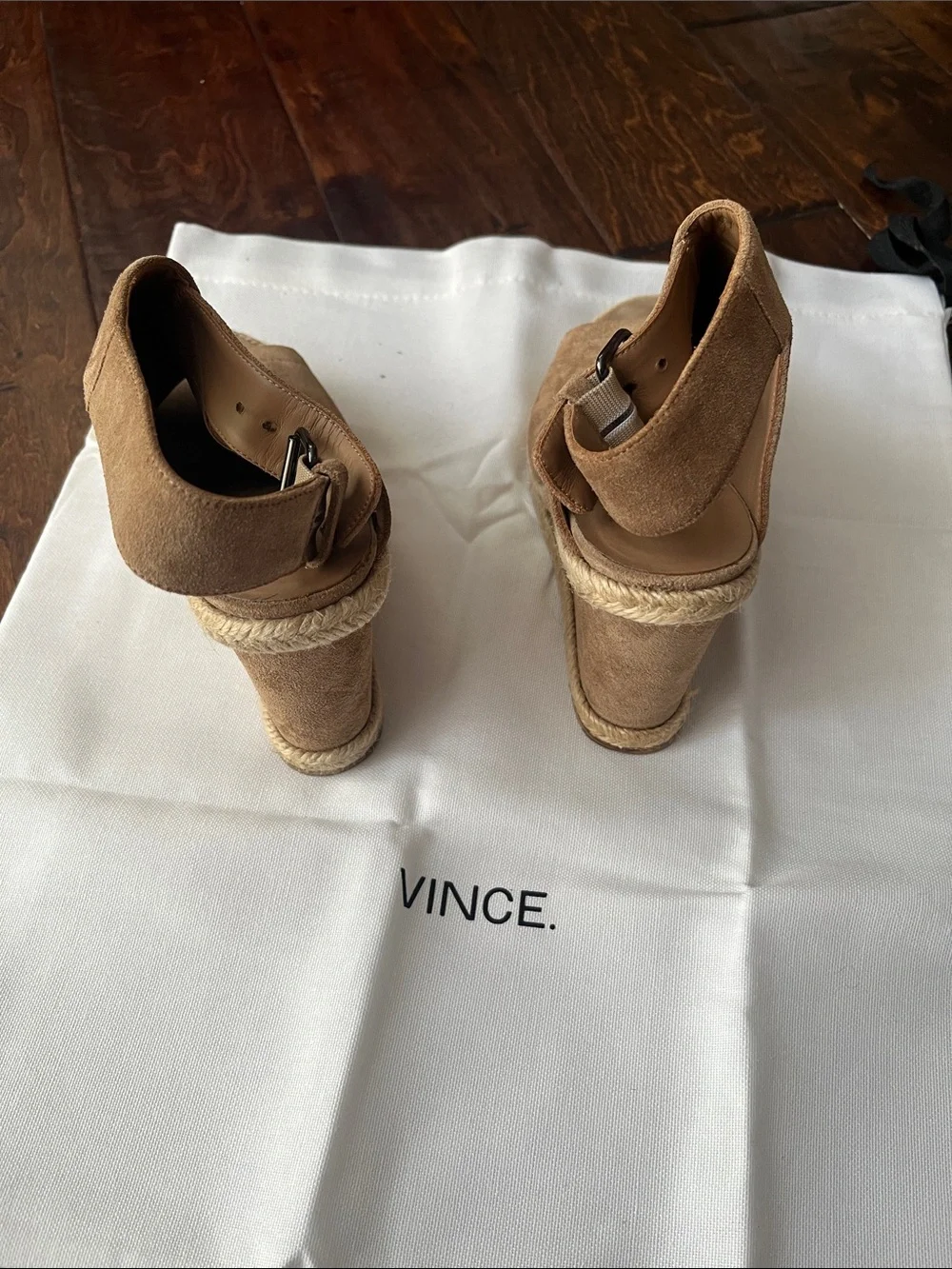 Vince Tan Suede Open-Toe Espadrille Wedge Sandals